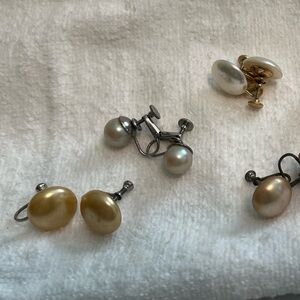 Vintage Pearl Button Screw Back Earrings - 6 Pair